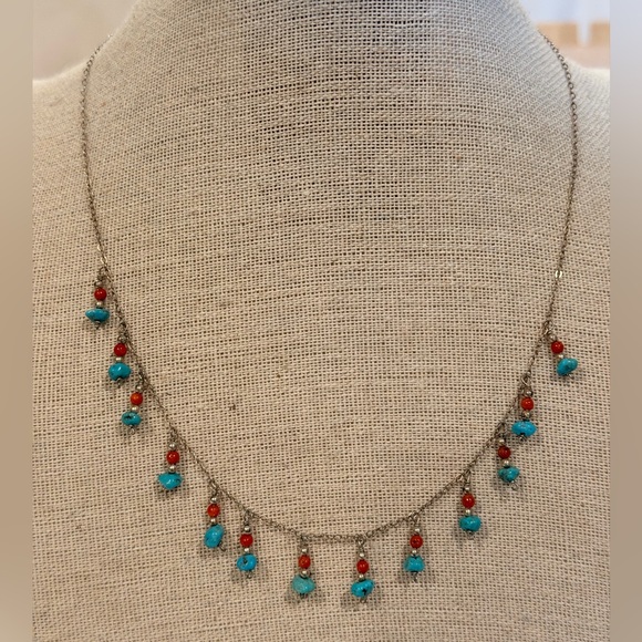 Jewelry - Vintage Delicate Silver Chain Necklace with Turquoise and Red Beads